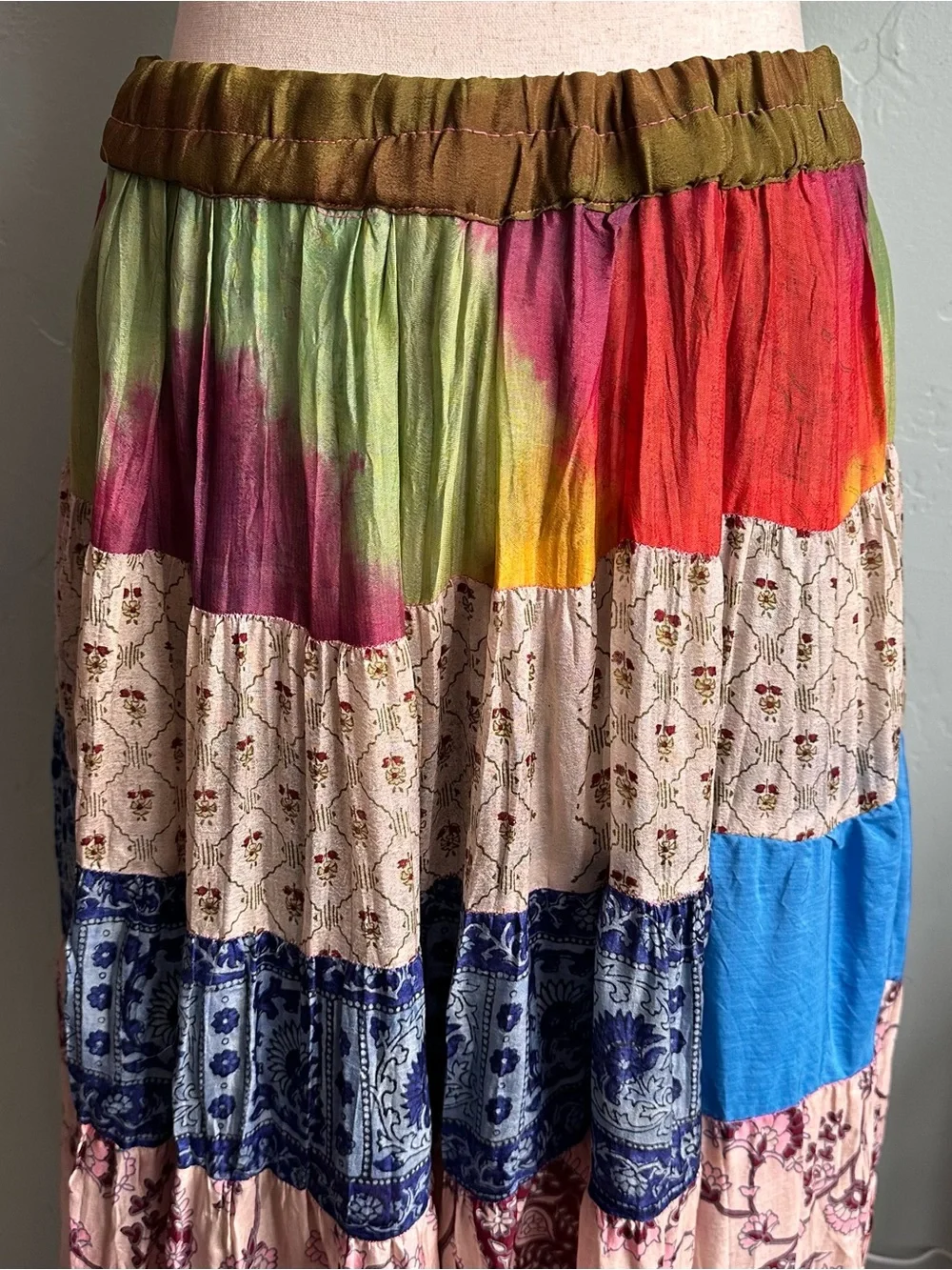 Vintage Silk Tangibles Patchwork Multi-Color Tiered Maxi Skirt M Boho Ren Fair